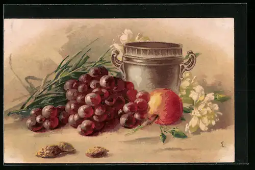 AK Obst-Stilleben mit Trauben und Apfel