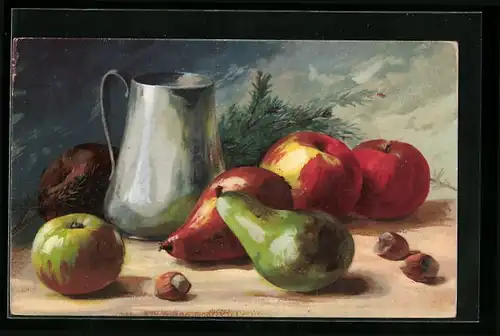 AK Obst-Stilleben mit Äpfeln, Birnen und Krug