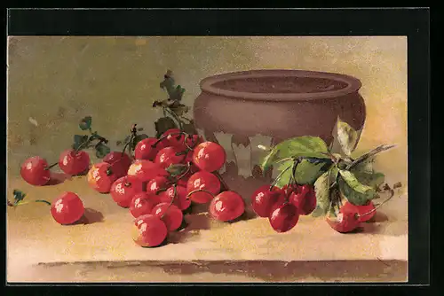 AK Rote Kirschen und Tongefäss