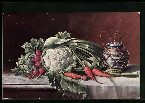 AK Stilleben mit Blumenkohl, Möhren und Erbsen
