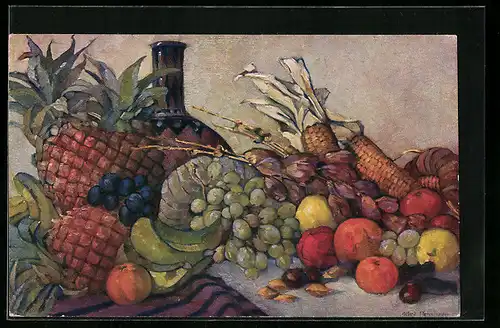 AK Obst-Stilleben mit Ananas, Trauben, Mais und Datteln