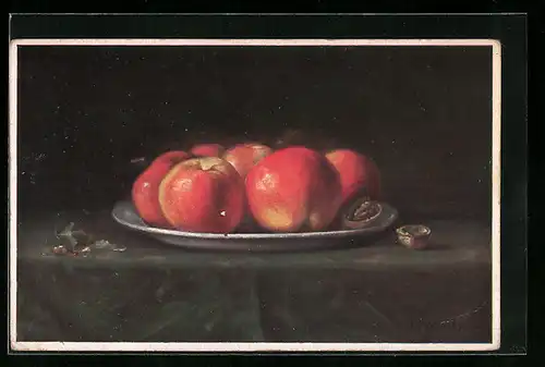 AK Schale mit roten Äpfeln und einer Walnuss