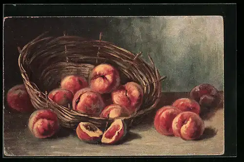 AK Flacher Korb mit Pfirsichen