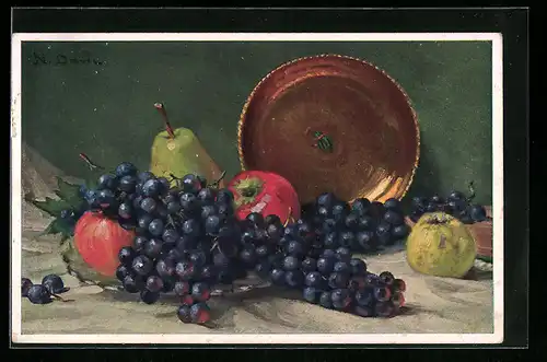 AK Obst-Stilleben mit Kupferschale, Trauben und Birne