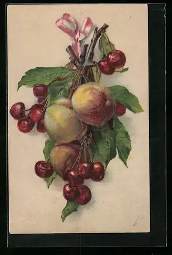 AK Obststrauss mit Kirschen und Pfirsichen