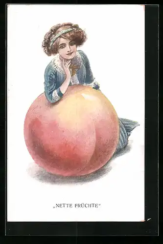 AK Junge Dame stützt sich auf riesigen Pfirsich