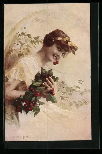 AK Junge Dame mit Kirschen und Kirschblättern