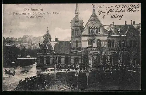 AK Flensburg, Die Sturmflut 1904, Am Staatsbahnhof, Unwetter