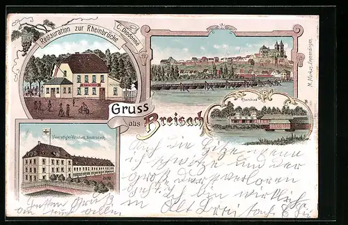 Lithographie Breisach, Restaruant zur Rheinbrücke, Rheinbad, Unteroffizier-Vorschule Neubreisach
