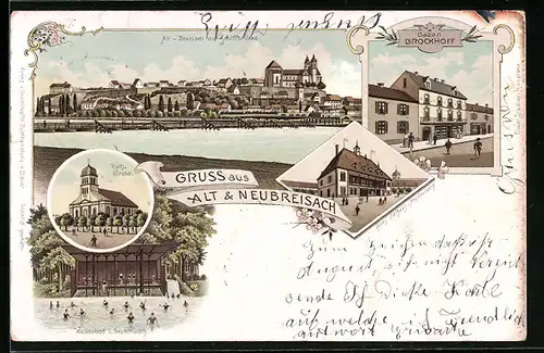 Lithographie Breisach, Bazar Brockhof, Wellenbad in Neubreisach, Alt-Breisach mit Schiffbrücke