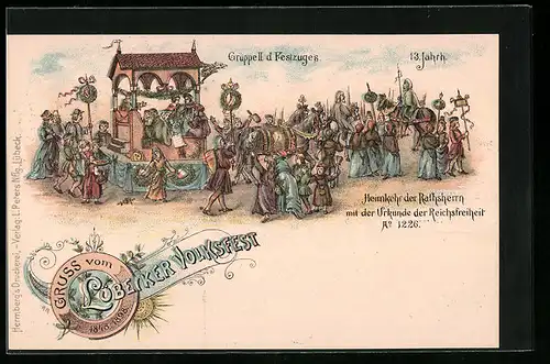Lithographie Lübeck, Volksfest, Festzug im 13. Jahrh.