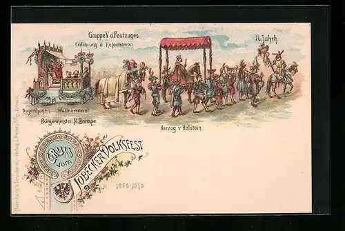 Lithographie Lübeck, Volksfest, Festzug mit Herzog v. Holstein im 16. Jahrh.