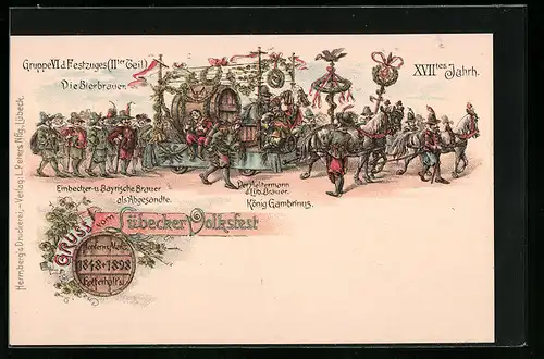 Lithographie Lübeck, Volksfest 1898, Gruppe VI des Festzuges, Bierbrauer