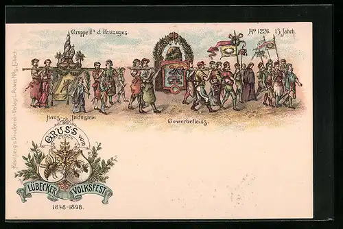 Lithographie Lübeck, Volksfest, Festzug im Jahr 1226