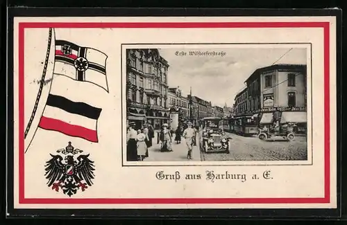 AK Harburg a. E., Erste Wilstorferstrasse mit Reichs- und Reichskriegsflagge