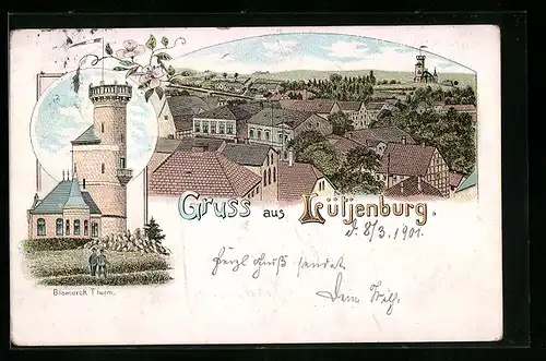 Lithographie Lütjenburg, Ortsansicht mit Bismarck-Turm