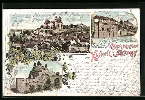 Lithographie Breisach, Ortsansicht, Rheintor, Eckartsberg