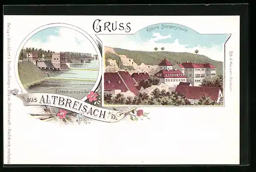 Lithographie Altbreisach a. Rh., Eisenbahnbrücke, Höhere Bürgerschule