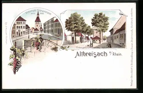 Lithographie Altbreisach a. Rhein, Unterradbrunnenplatz 1793 und 1893