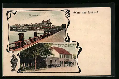 AK Breisach, Rheinansicht, Restauration zur Rheinbrücke, Bes.: Karl Diodoné
