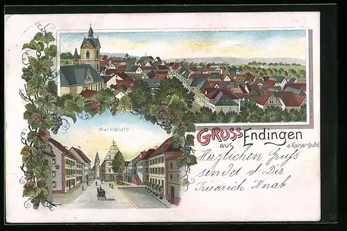 Lithographie Endingen a. Kaiserstuhl, Ortsansicht, Marktplatz