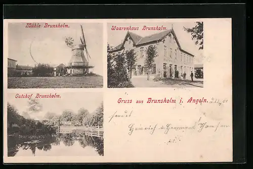 AK Brunsholm i. Angeln, Mühle, Warenhaus, Gutshof