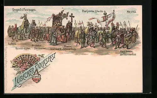 Lithographie Lübeck, Volksfest, Festzug, Die Gründer Lübecks