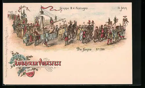 Lithographie Lübeck, Lübecker Volksfest 1848-1898, Gruppe III d. Festzuges, 14. Jahrh., Die Hansa