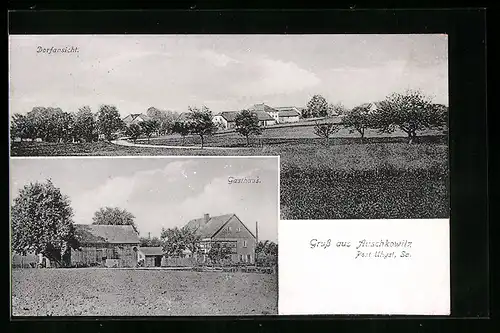 AK Auschkowitz bei Uhyst /Sa., Ortsansicht mit Landstrasse, Gasthaus