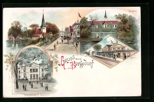 Lithographie Hamburg-Bergedorf, Strassenpartie mit Kirche, Pensionat Sievers, Bahnhof