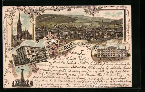 Lithographie Aue /Erzgeb., Ortsansicht, Fachschule für Blechindustrie