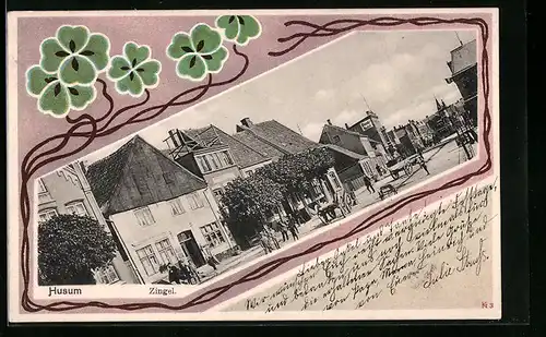 Passepartout-Lithographie Husum, Strassenpartie Am Zingel, mit Blunks Hotel