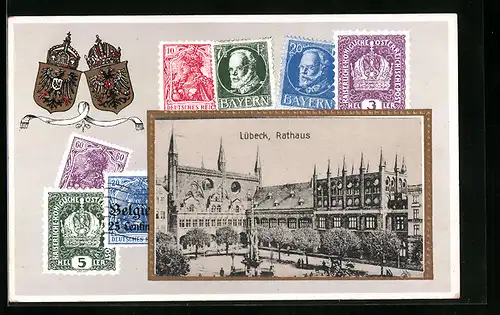Passepartout-AK Lübeck, Rathaus, Wappen, Briefmarken Bayern, Österreich, Deutsches Reich