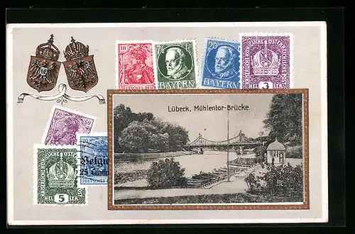 Passepartout-AK Lübeck, Mühlentor-Brücke, Wappen, Briefmarken Bayern, Österreich, Deutsches Reich