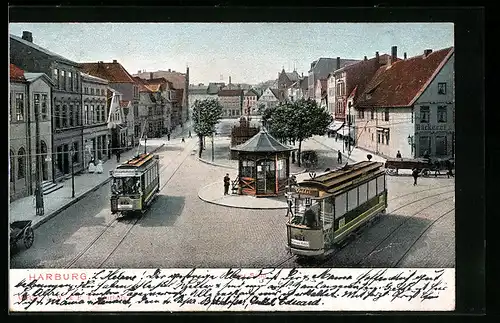 AK Harburg, Der Sand aus der Vogelschau, mit Strassenbahnen