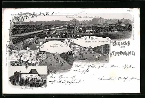 Lithographie Tittmoning, Gesamtansicht, Stadtplatz mit Burghauser-Tor, Burg