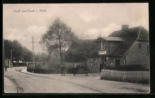 AK Blunk, Strassenpartie im Ort mit Kaufhaus Ehlers