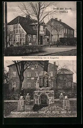AK Blunk, Kolonialwarenhandlung von A. Sorgenfrei, Kriegergedenkstein