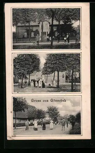 AK Gönnebek, Menschen posieren auf verschiedenen Ortsansichten
