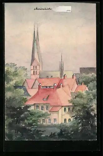 Künstler-AK Handgemalt: Lübeck, Dom von der Parade aus, Marienkirche