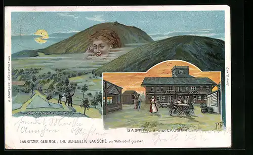 Lithographie Gasthaus a. d. Lausche, Lausitzer Gebirge mit Gesicht, Schwenke Ser. 5 Nr. 3, Berggesichter