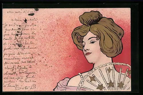 AK Dame mit Fächer im Jugendstil