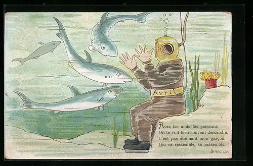 AK Taucher im Taucheranzug mit Haien