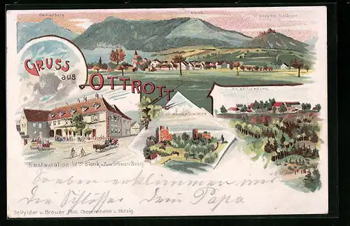 Lithographie Ottrott, St. Odilienberg, Restauration Wwe. Blank Zum Grünen Baum