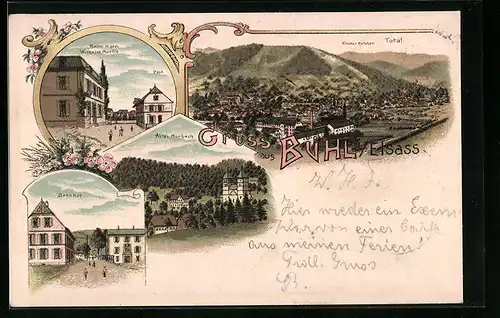 Lithographie Bühl, Bahnhof, Abtei Murbach, Bahn Hotel Wilhelm Martin