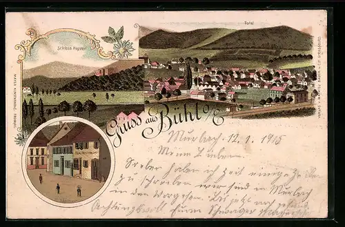 Lithographie Bühl, Schloss Hugstein, Gasthaus Benj. Hossenlopp