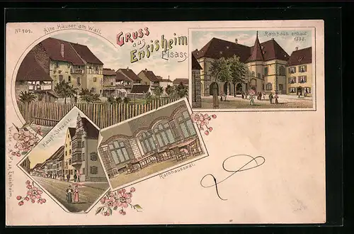 Lithographie Ensisheim, Alte Häuser am Wall, Haupt-Strasse, Rathhaussaal