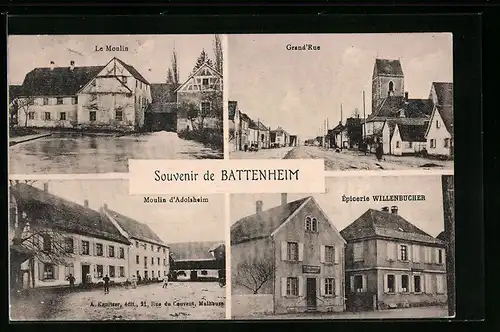 AK Battenheim, Le Moulin, Grand`Rue, Epicerie Willenbucher