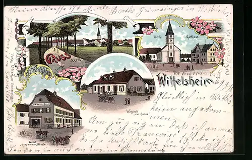 Lithographie Wittelsheim, Kirche, Rathhaus, Wirtschaft zur Sonne, Gasthof zum weissen Rössle