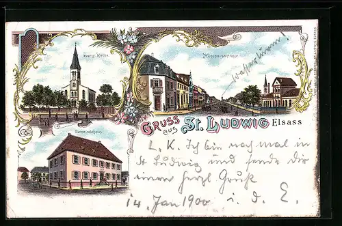 Lithographie St. Ludwig, Evangl. Kirche, Mühlhauserstrasse, Gemeindehaus